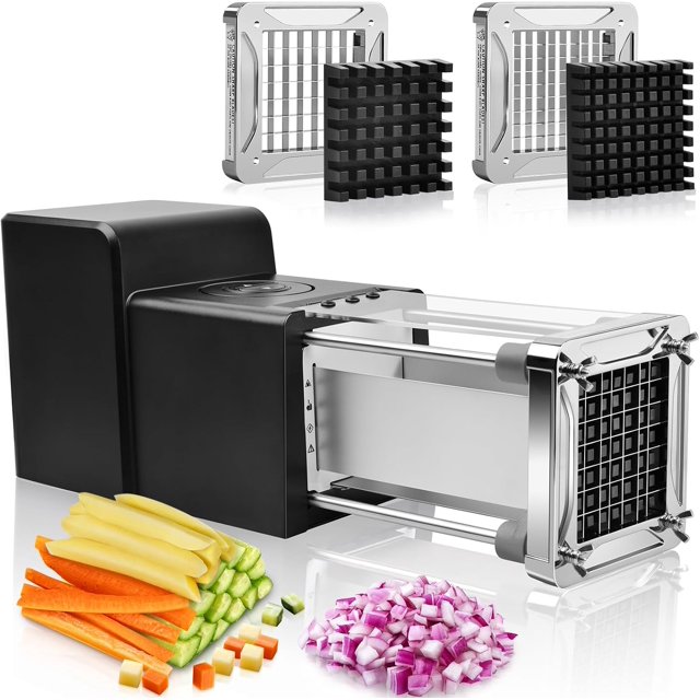 Electric French Fry Cutter, Stainless Steel Potato Cutter with 1/2-Inch Blade & 3/8-Inch Blade Perfect for Potatoes Carrots Cucumbers