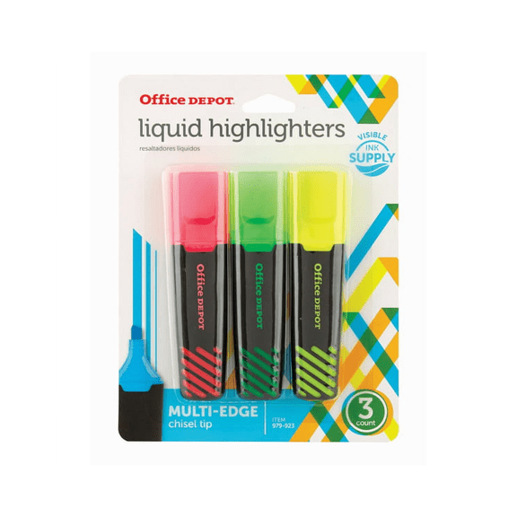 Office Depot Liquid Highlighters Assorted Colors, Chisel Point, 3 Pack