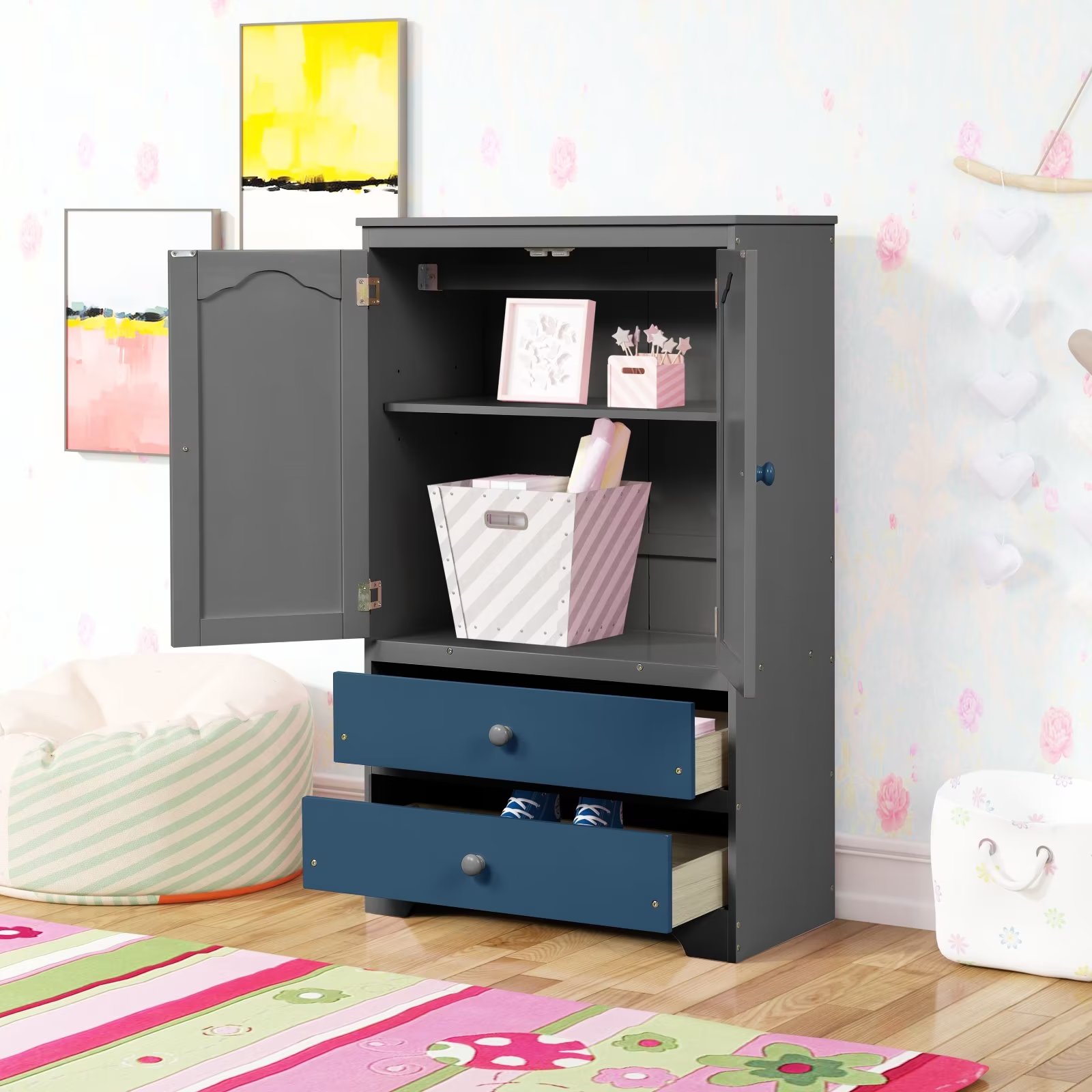 Storage with 2 Drawers and 2 Doors, Modern Kids Bedroom