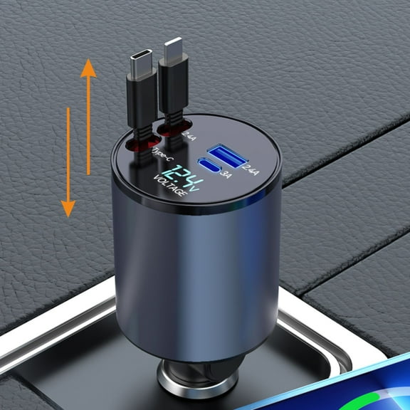 Suonee Retractable Car Charger 4 in 1 Travel Car Fast Charger for iPhone 15/14 Samsung Type C Retractable Cables (31.5 inch) 2 Charging Ports Grey