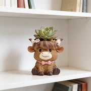 Highland Cow Planter, Cute Resin Flower Pot Ornament with Holder, Desktop Home Decor Figurine for Shelf Desk Mantelpiece and Garden Decoration