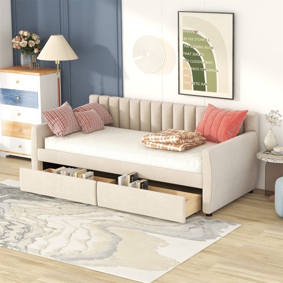 Upholstered Daybed with 2 Drawers,Twin Size Velvet Sofa Bed Frame with Wood Slat Support,Solid Wood Bedframe Twin Daybed Frame for Living Room Bedroom,No Box Spring Needed & Space-Saving,Beige