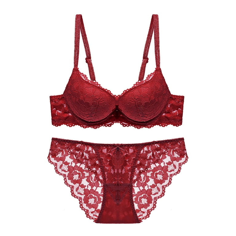 Linyer Lace Bra Set Push up Adjustable Girls Underwear Hollow Breathable  Lingerie Wine Red 38/85B