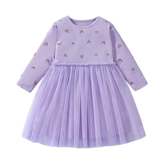 Mikilon Girls Dress Long Sleeve Girl Rainbow Birthday Tulle Dresses Fall Winter Outfit 2-8 Years