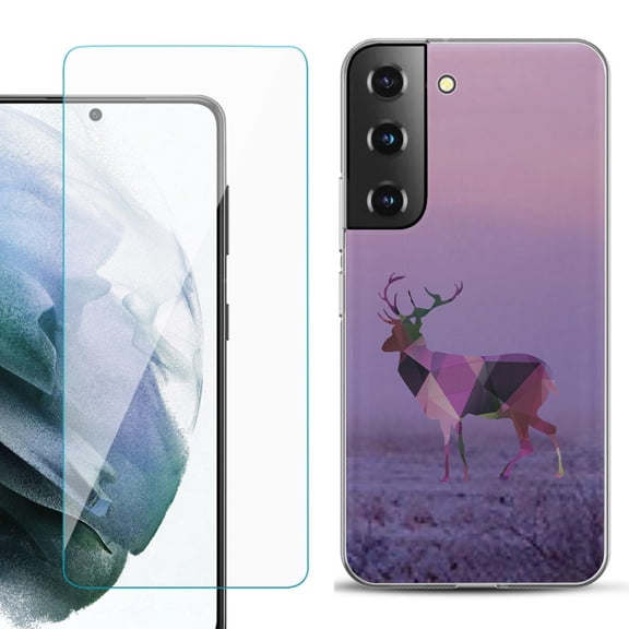 Slim-Fit TPU Fashion Phone Case for Samsung Galaxy S22 5G, with Tempered Glass Screen Protector, by OneToughShield ® - Deer/Polygon