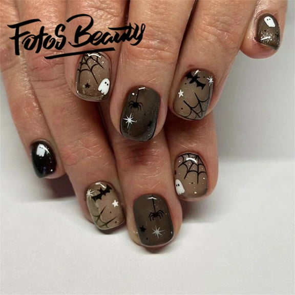 Fofosbeauty 24pcs Press on Nails, Artificial Acrylic Nails for Salon Quality in Seconds,Almond Spider Web Ghost Bat