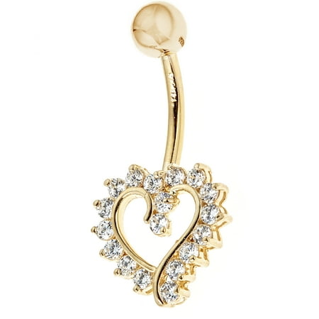 14k Solid Yellow Gold Cubic Zirconia Open Heart Belly Button Navel Ring Body Art