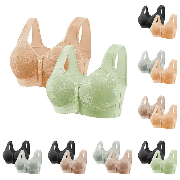 Crunowin 2Pc Plus Size Bras for Women, Snap Front Bra Front Closure Bralette Push Up Bra Wireless Embroidery Bra Black 38/85BC