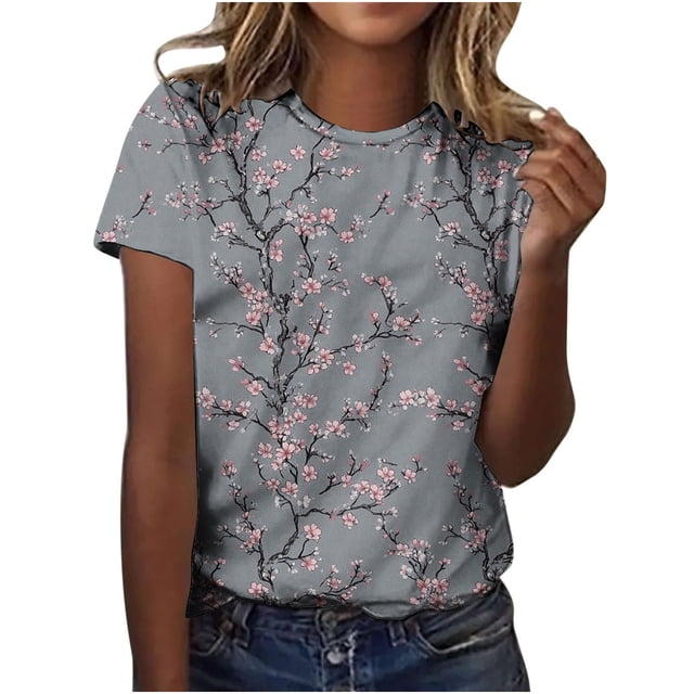 Pisexur Hauts d'Été pour Femmes, Blouses Habillées Décontractées pour Femmes Hauts à la Mode Chandail Décontracté Imprimé Manches Courtes Col Rond, Grandes Tailles pour Femmes Multicolore, 3TG