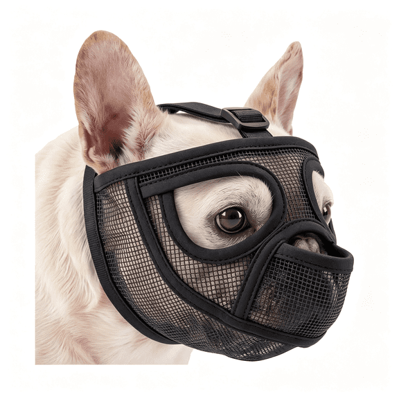 XIBUFE Short Snout Dog Muzzle,Adjustable French Bulldog Muzzles to Prevent Biting Eating Chewing,Soft Mesh Dog Muzzle for Shih Tzu Pug English Bulldog for Grooming,Allow to Drink&Feed (S,Black)