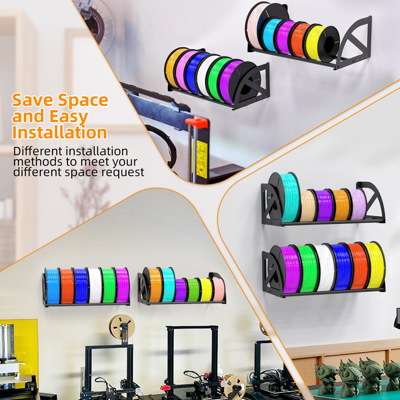 3D Printer Filament Storage Rack, Pack of 2 Wall Mounted Metal Filament Spool Holder for 12 Rolls, Wall Shelf for 3D Filament Storage for Home,Office,Workshop