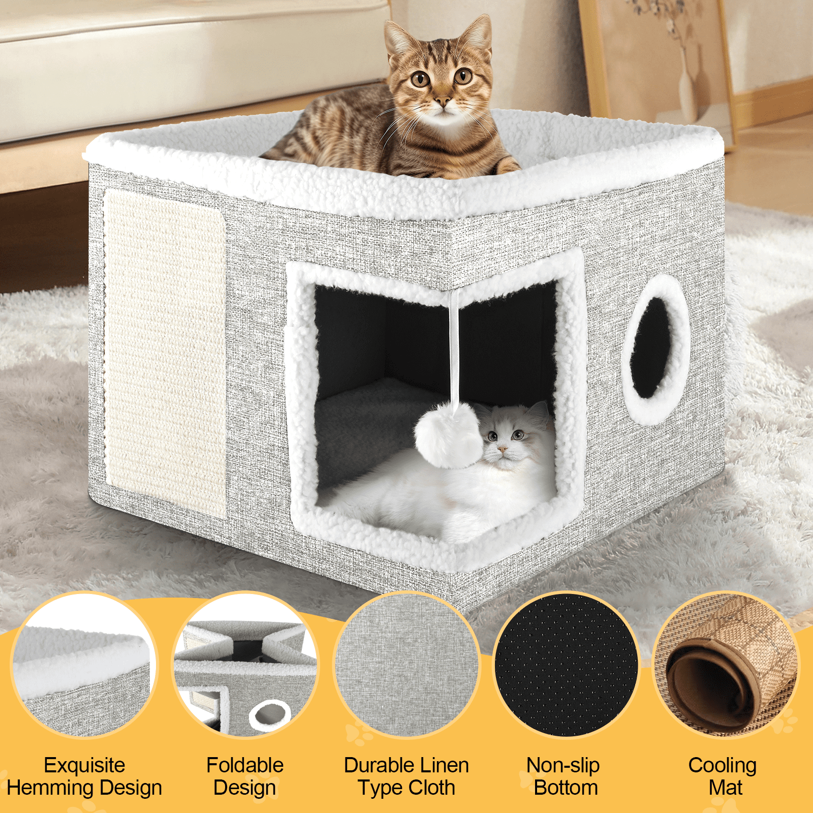 Cat Bed YUWENUS Cat House for Indoor Cats with 2 Cushion, Large Cat Cave with Scratch Pad and Fluffy Ball Hanging, Light Gray