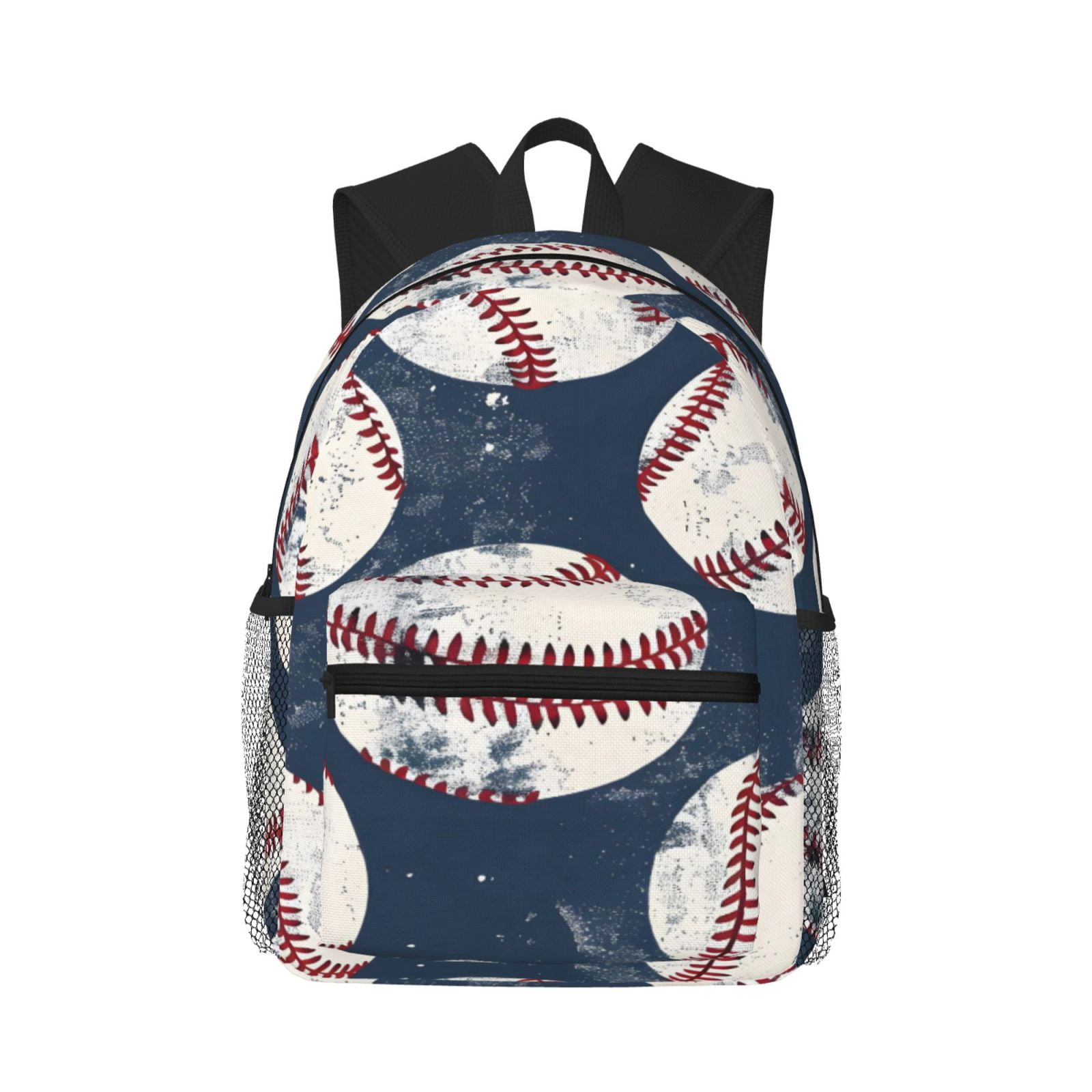 Casual Backpack Water Resistant Lightweight Daypack For Work Travel Hiking Camping Laptop Compartment & Side Mesh Pockets Vintage Baseball Theme Retro Sport Style Worn Leather Baseballs