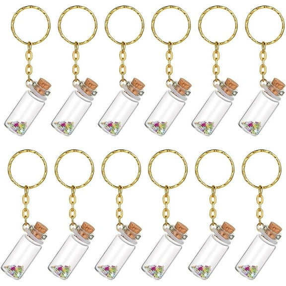 12PCS Mini Glass Wish Bottle Keychains 3ml Tiny Jars with Cork Lids Potion Bottles with Sparkly Stars Gold Keyrings Pendant for DIY Crafts Party Wedding Bag Hanging Decorations Colorful