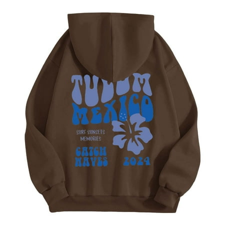 XMHJSMD Women S Clothing Clean Girl Fashion Casual Blue Letter Floral Print Solid Color Round Neck Loose Hooded Sweatshirt with Drawstring Sweatshirts for Women Trendy (Brown XXL)
