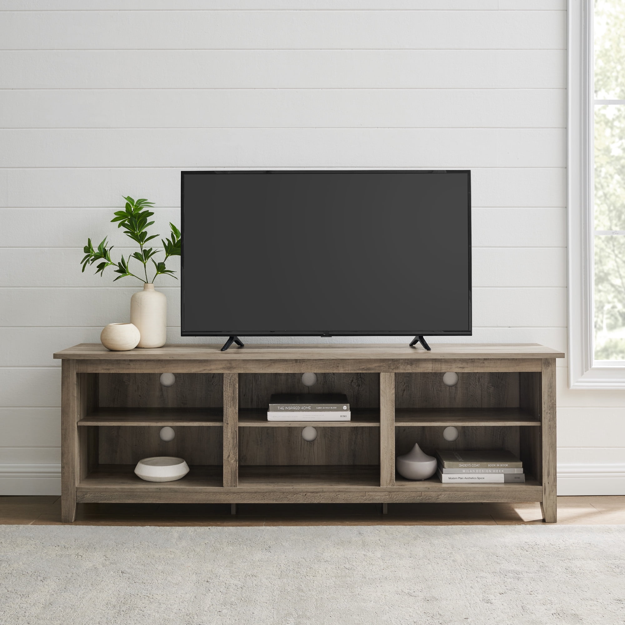Woven Paths Open Storage TV Stand for TVs up to 80", Grey Wash