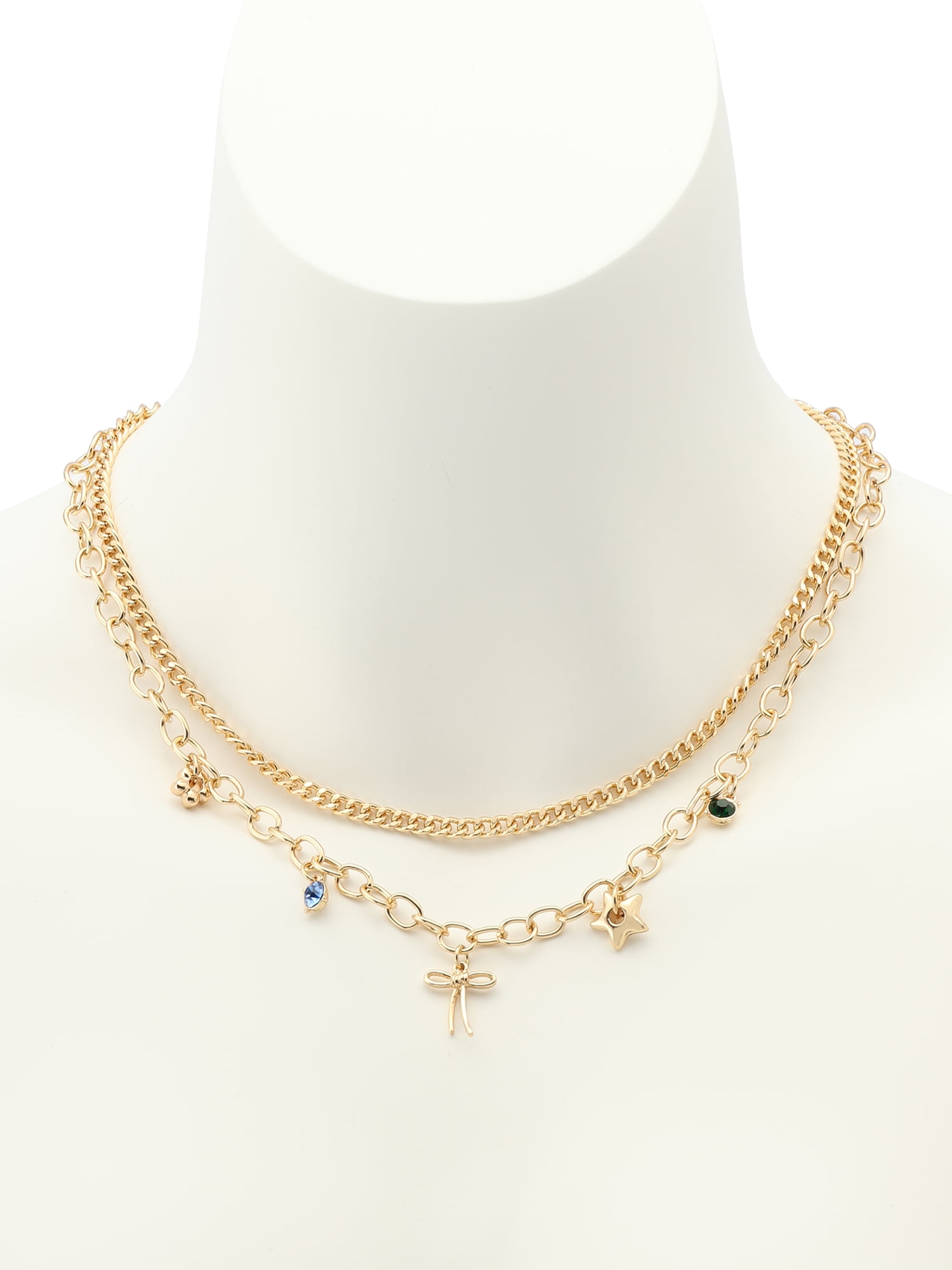 Madden NYC Women's Fashion Gold-Tone Romantic Bow Mixed Charm Bib Necklace 2-Piece Set