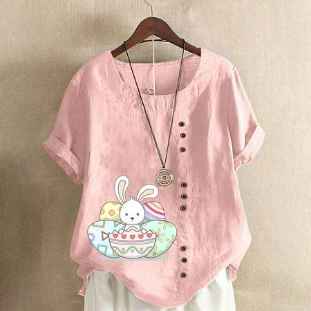 

Kakina CMSX Clearance Womens Shirts for Summer Women Summer Sexy Print Regular Button Round Neck Short Sleeve Women Short Sleeves Top