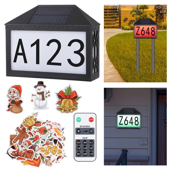 Solar Address Sign with 60 Christmas Stickers, Solar Powered Colorful LED House Numbers Plaque with Stakes & Hanging Screws, Remote Control Outdoor Solar Light for Garden Driveway