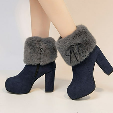 

Women Shoes Winter Warm Fashion High Heel Round Toe Casual Solid Color Suede Platform Plush Snow Ankle Boots