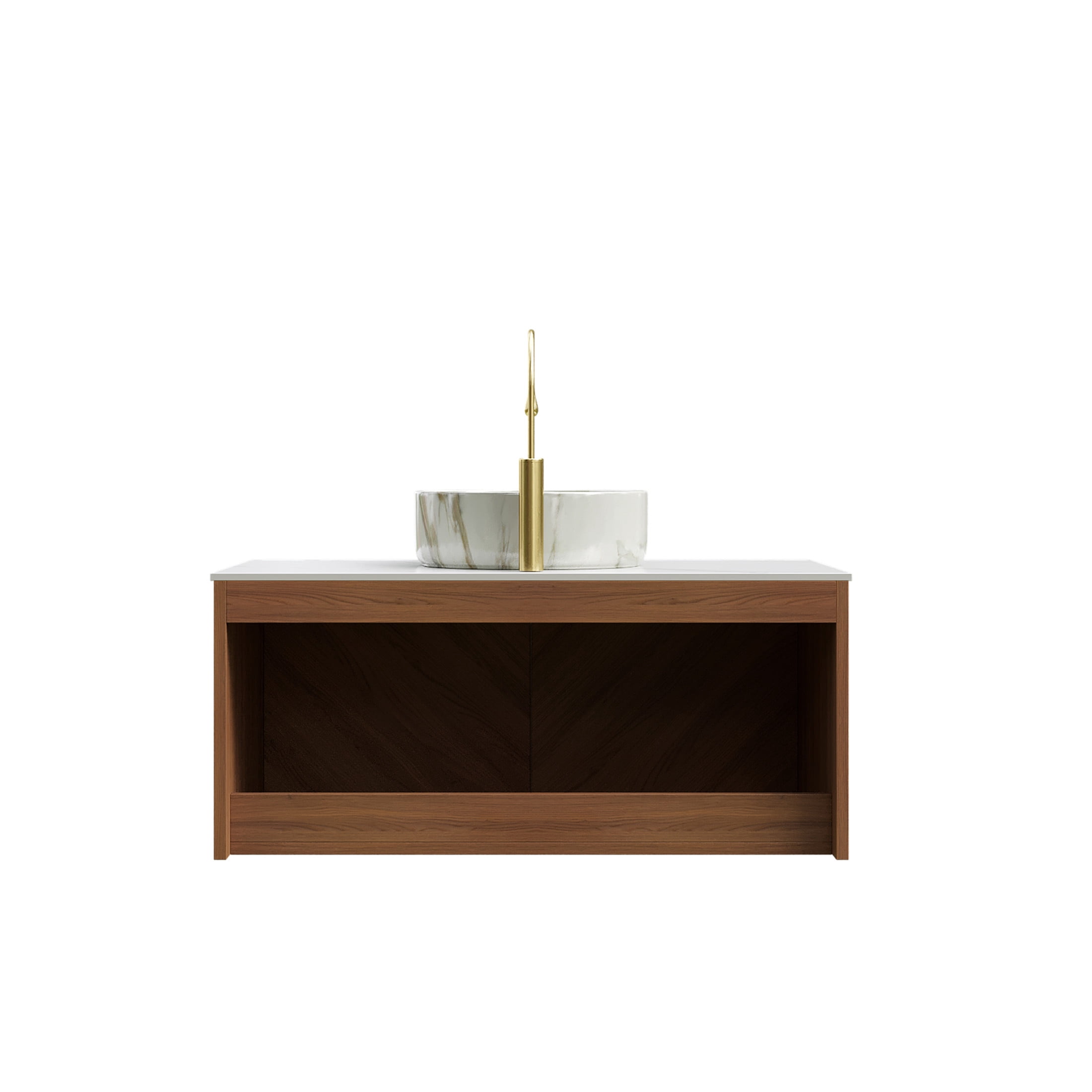 Noble House RUBEN 36" Floating Bathroom Vanity, Sintered Stone Top Cabinet with Stone Round Ceramic Vessel Sink, Oak