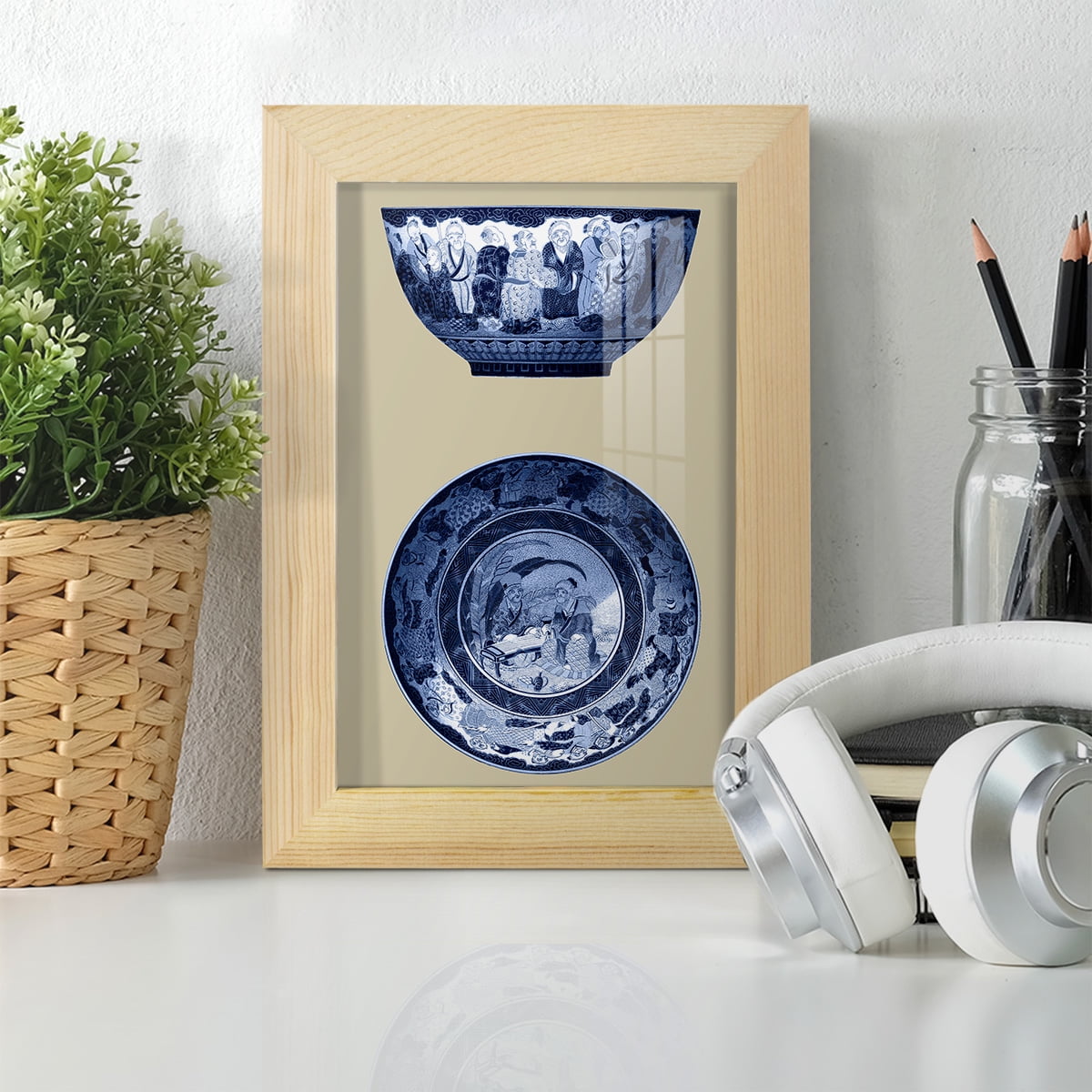 Porcelain in Blue and White II -Framed Print w/glass-Natural Wood