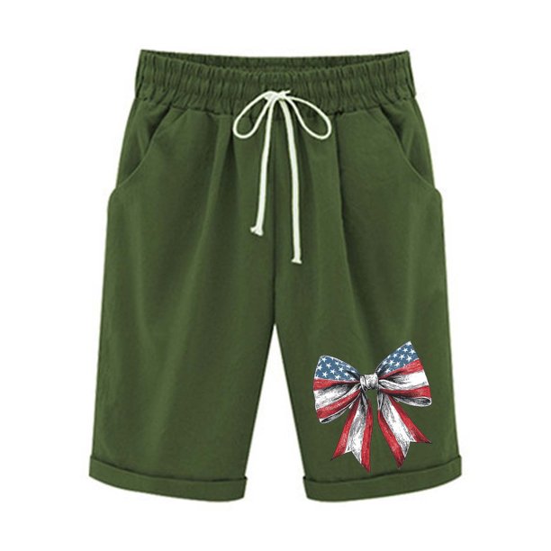 Pantalones Elásticos de la Cintura para las Mujeres Impresos Medias Pantalones Cortos, Bolsillos Casuales Poliéster para Toda la Temporada