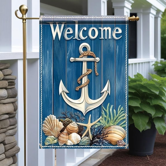 Nautical Anchor Welcome Garden Flag 12 x 18 Inch Double Sided, Coastal Seashell Starfish Yard Flag for Outdoor Porch Lawn Patio Beach House Summer Decor