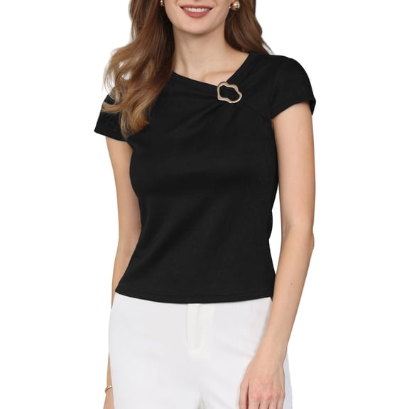 INSPIRE CHIC Women's Asymmetric Neck Tops Cap Sleeve Metal Buckle Irregular Neck Blouse S Black