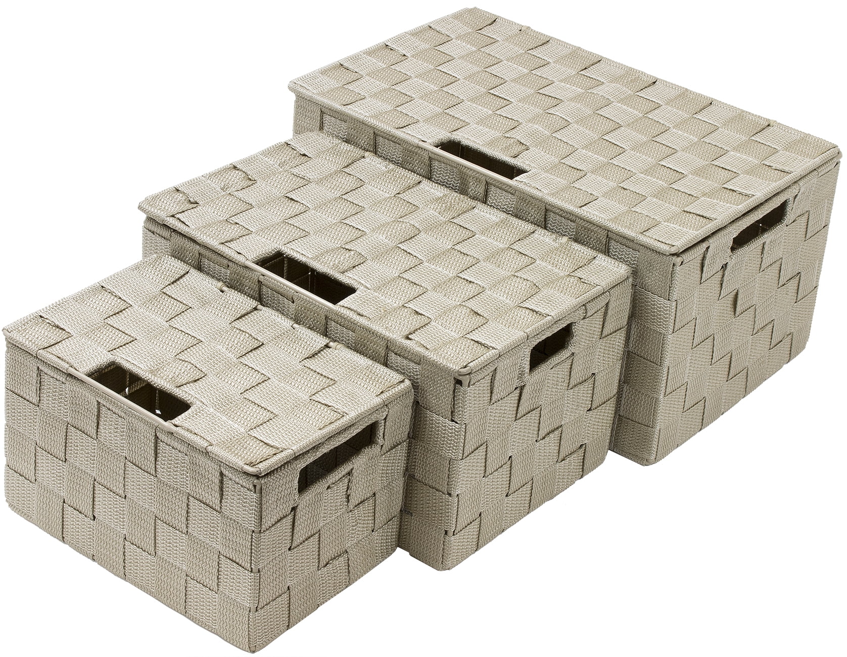 Storage Box Woven Basket Bin Container Tote Cube Organizer Set Stackable Shelf Organizer Built-in Carry Handles (3-Piece) beige