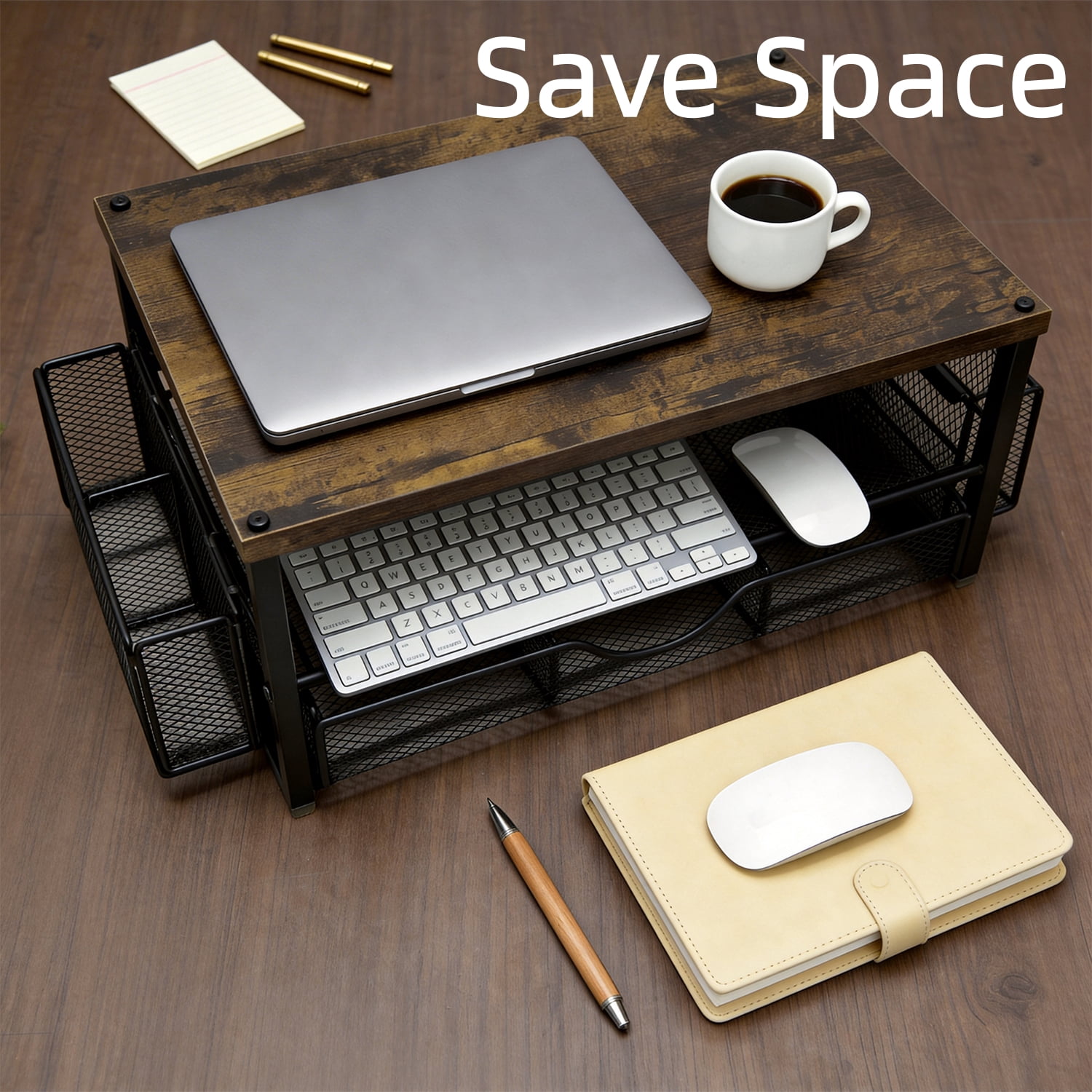 Behome Monitor Stand, 2-Tier Computer Monitor Stand for Desk with Drawer and 2 Pen Holders, Desktop Oraganizer Computer, Laptop, Screen, Printer, TV