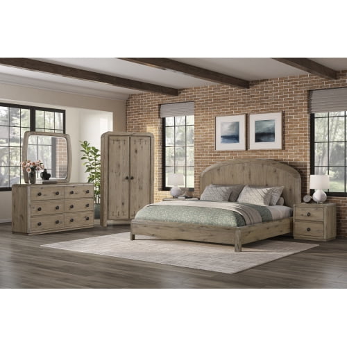 English Knotty Oak Queen Panel Bed with Arched Headboard Solid Wood Construction