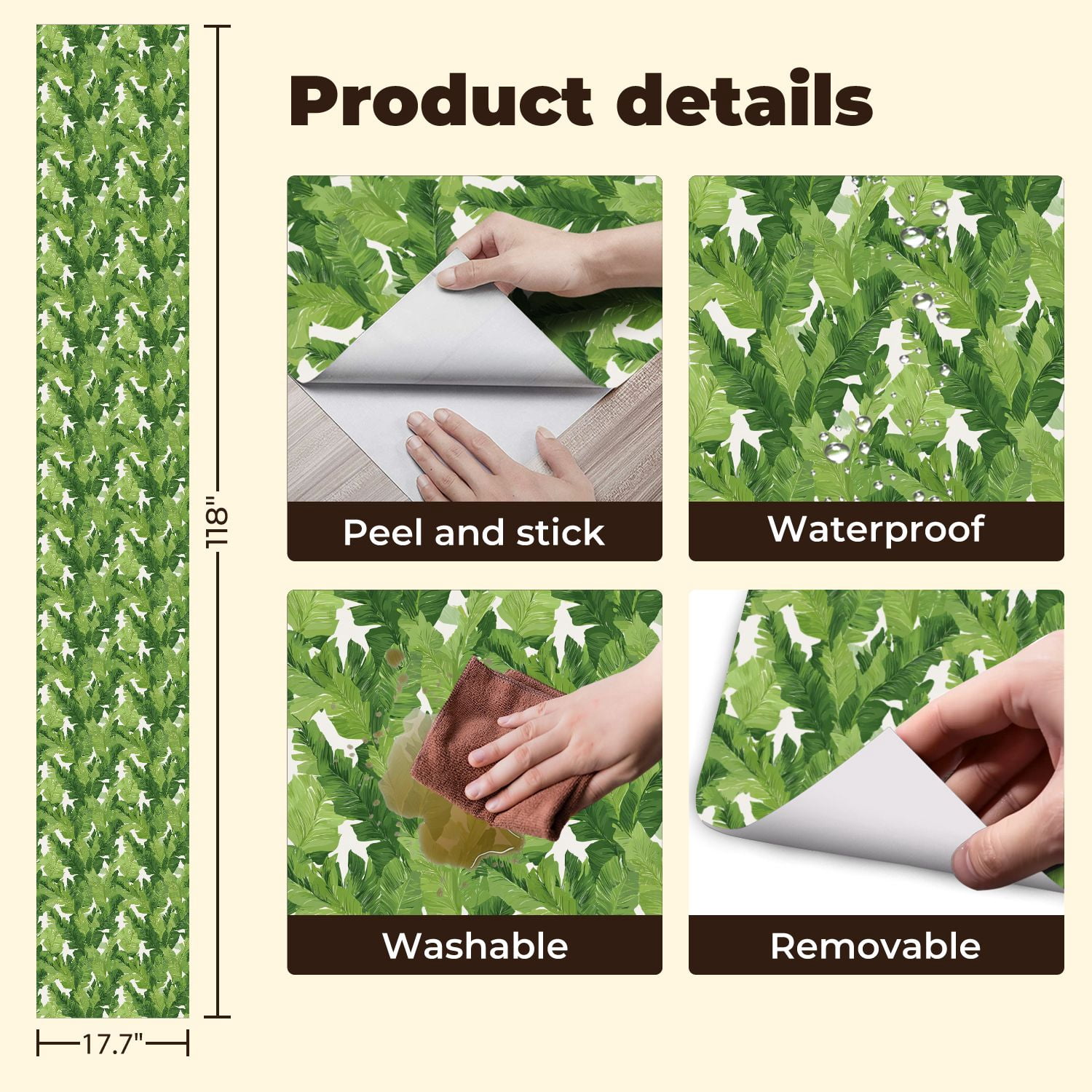 Peel and Stick Wallpaper Tropical Green Leaf Bold Foliage Wall Mural 17.7in x 9.8ft Self Adhesive Removable Wall Paper Renter Friendly Wallpaper for Nursery Bedroom Cabinets