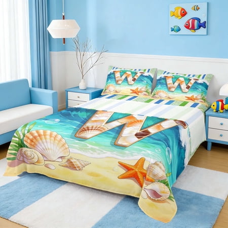 Manfei Cartoon Initial W Seashell Mosaic Beach Full Size Sheets for Kids Boys and Girls Nautical Alphabet Print Bed Sheets 4 Pieces 1 Flat Sheet 1 Fitted Sheet and 2 Pillowcases