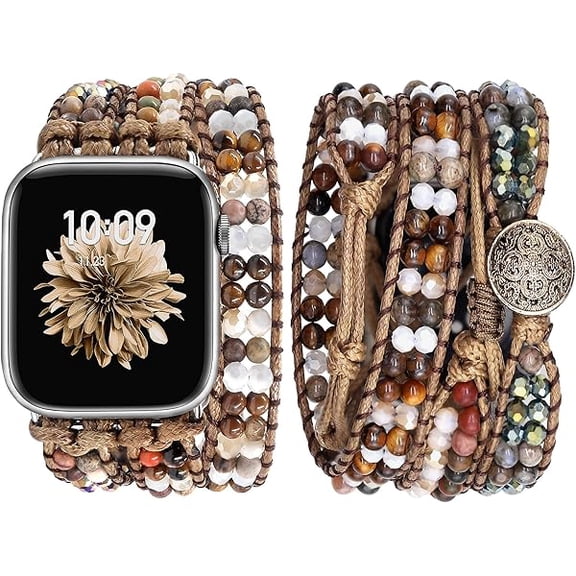 Boho Beaded Watch Band Women Compatible with Apple Watch 38mm 40mm 41mm 42mm (S10/11) Brown Stone Bracelet Adjustable Handmade Braided Rope Strap for iWatch Series 11/10/9/8/7/6/5/4/SE 3/2/1