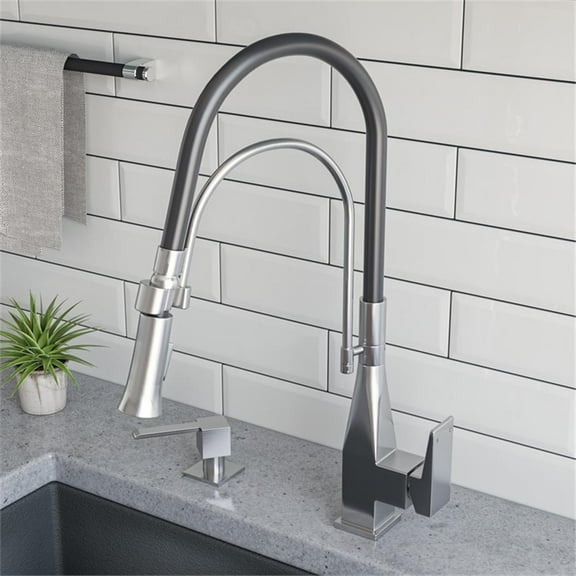 Pemberly Row Brushed Nickel Square Kitchen Faucet w Black Rubber Stem