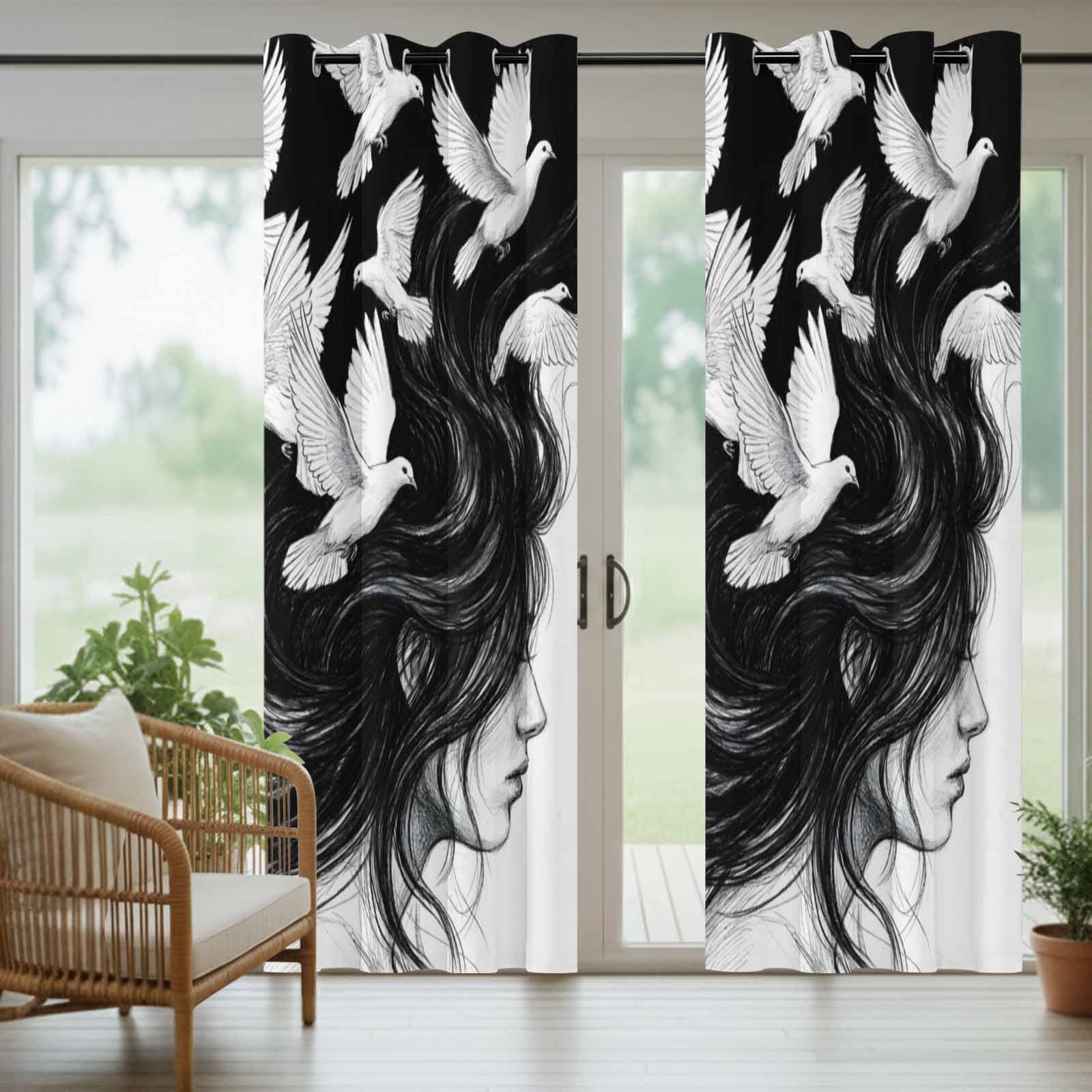 Abstract Art Outdoor Curtains for Patio, Black and White Pigeon Woman Profile Bohemian Sunshade Privacy Drapes Grommet Waterproof Outside Curtains for Porch/Cabana/Balcony 54"x 108", 1 Panel