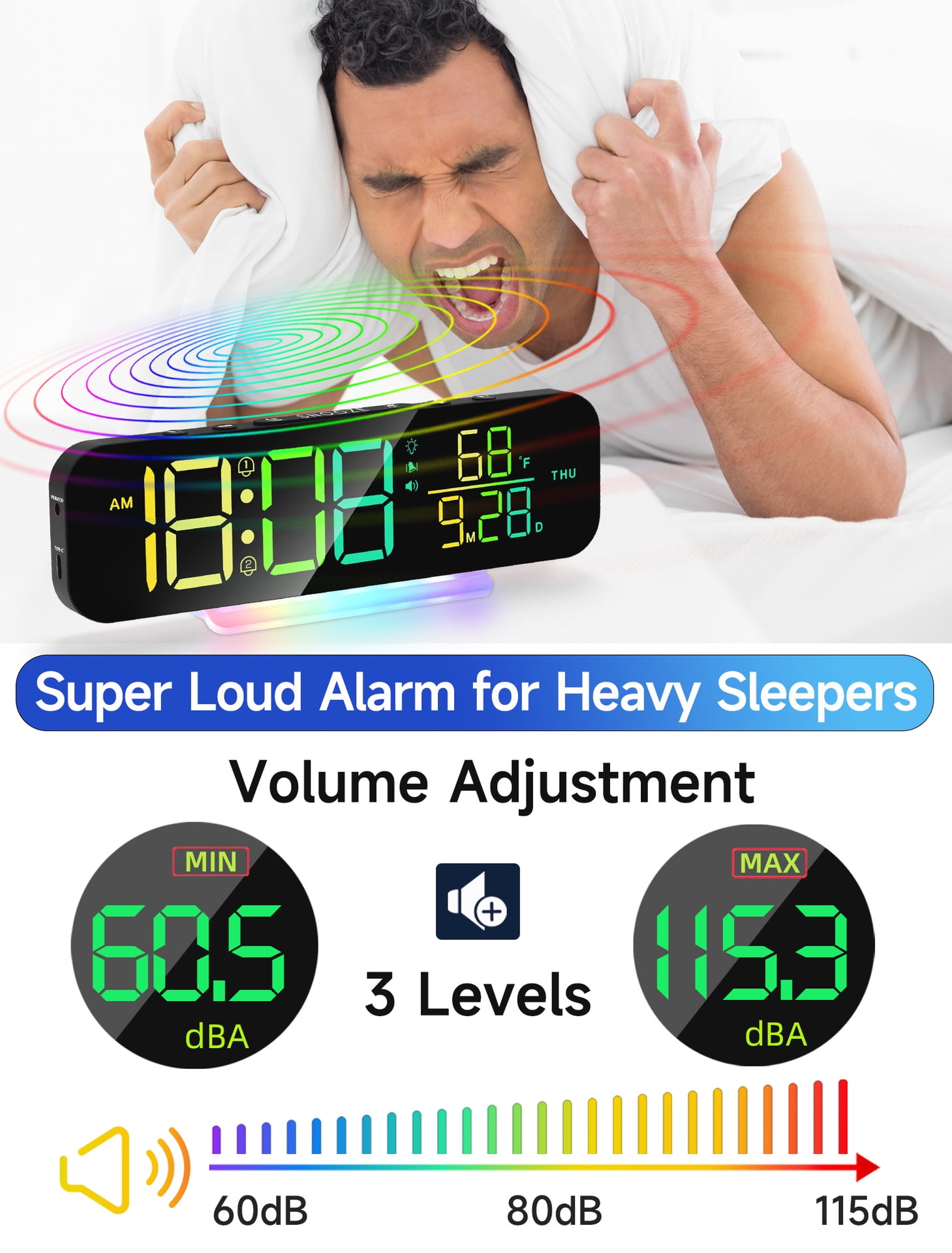 ITIGOITIE Extra Loud Vibrating Alarm Clock,Adjustable Volume,Dimmer,Large LED Digital with RGB Night Light for Bedrooms,Kids,Teens(Black)