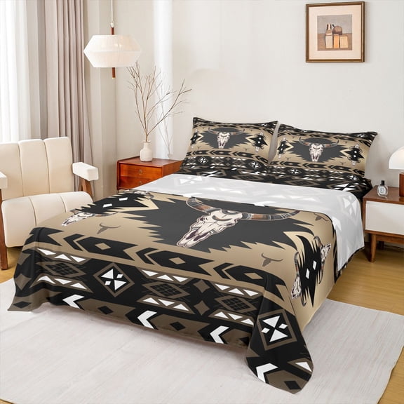 jejeloiu Boho Exotic Bull Skull Twin Sheet Set (3-Piece) Brown Black Aztec Microfiber Decor For Boys Teens