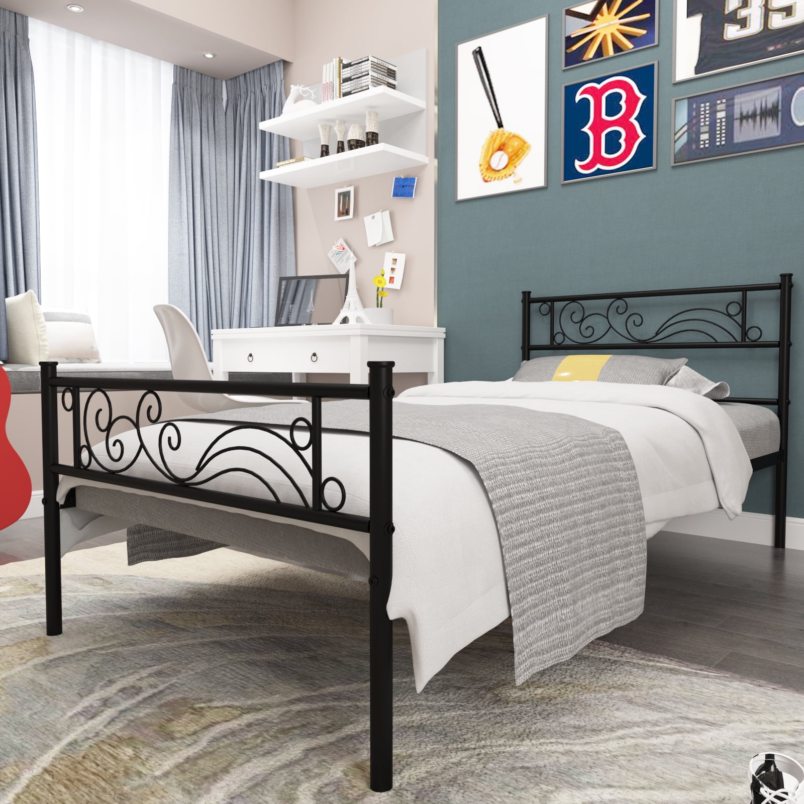 Yoneston Twin Size Metal Platform Bed Frame with Headboard Footboard for Kids Room,  Black