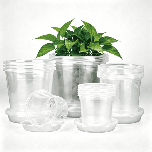 24‑Pack Clear Nursery Pots with Saucers, 4 5 6 7 Inch Plastic Plant Pots with Drainage Holes for Indoor Outdoor Plants