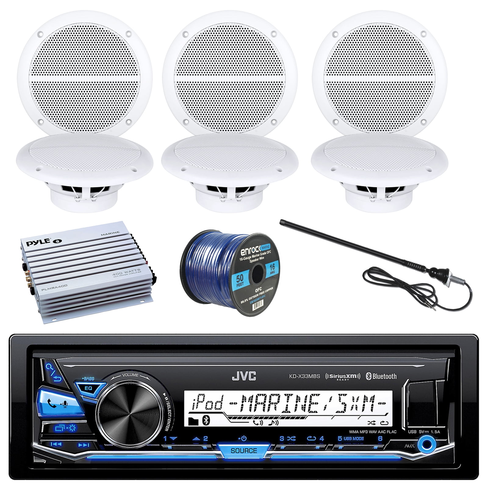 JVC Bluetooth Marine Car Receiver, 6 x Enrock Boat 6.5 Inch Weather Resistant Speakers, Pyle 4 Channel Waterproof Amp, Enrock Boat Outdoor Antenna, Enrock Audio Spool of 100 Foot 16-Gauge Speaker Wire