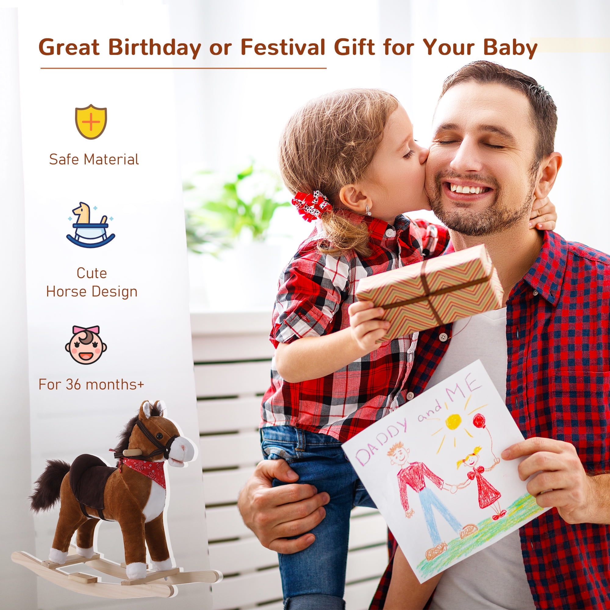 Qaba Kids Ride On Rocking Horse Plush Toy with Realistic Sounds and Red Scarf for Over 3 Years Old Birth Gift,Brown Plush Toys Kids Bikes Riding Toys