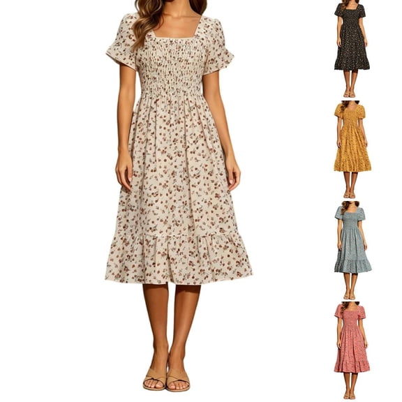 Bxsruta Womens Summer Floral Midi Dress Square Neck Short Puff Sleeve Smocked Casual Sundress