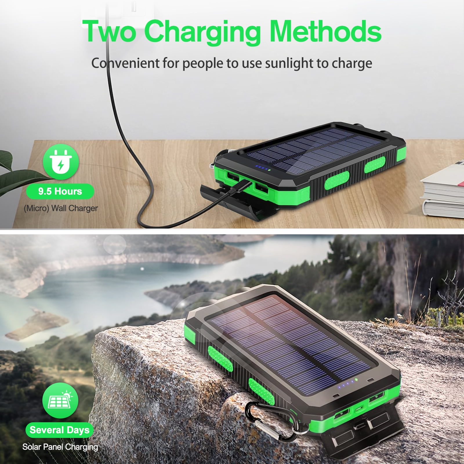 2PK BAOKALER 30000mAh Solar Charger for Cell Phone iPhone, Portable Solar Power Bank with Dual 5V USB Ports, 2 Led Light Flashlight, Compass Battery Pack for Outdoor Camping Hiking(Green)