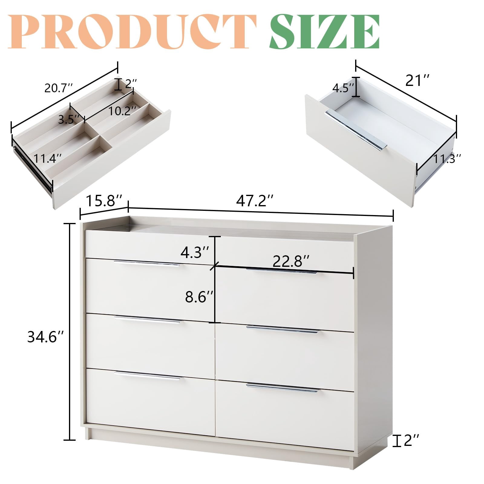 Papajet 47.2" W 8 Drawer Dresser with LED Light & Glass Top, Modern Storage Chest with 2 Jewelry Drawers, Storage Organizer for Bedroom, Cream & Grey