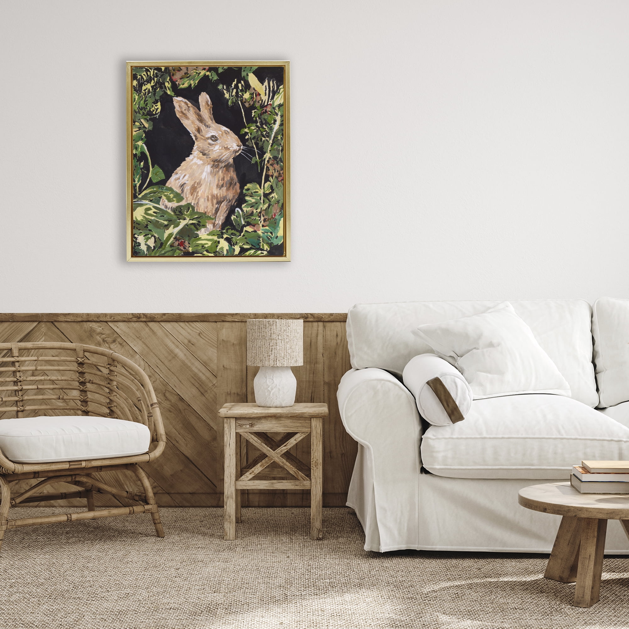 Stupell Industries Wreathed Botanicals Rabbit Gold Framed Floater Canvas Wall Art, design by Melissa Wang