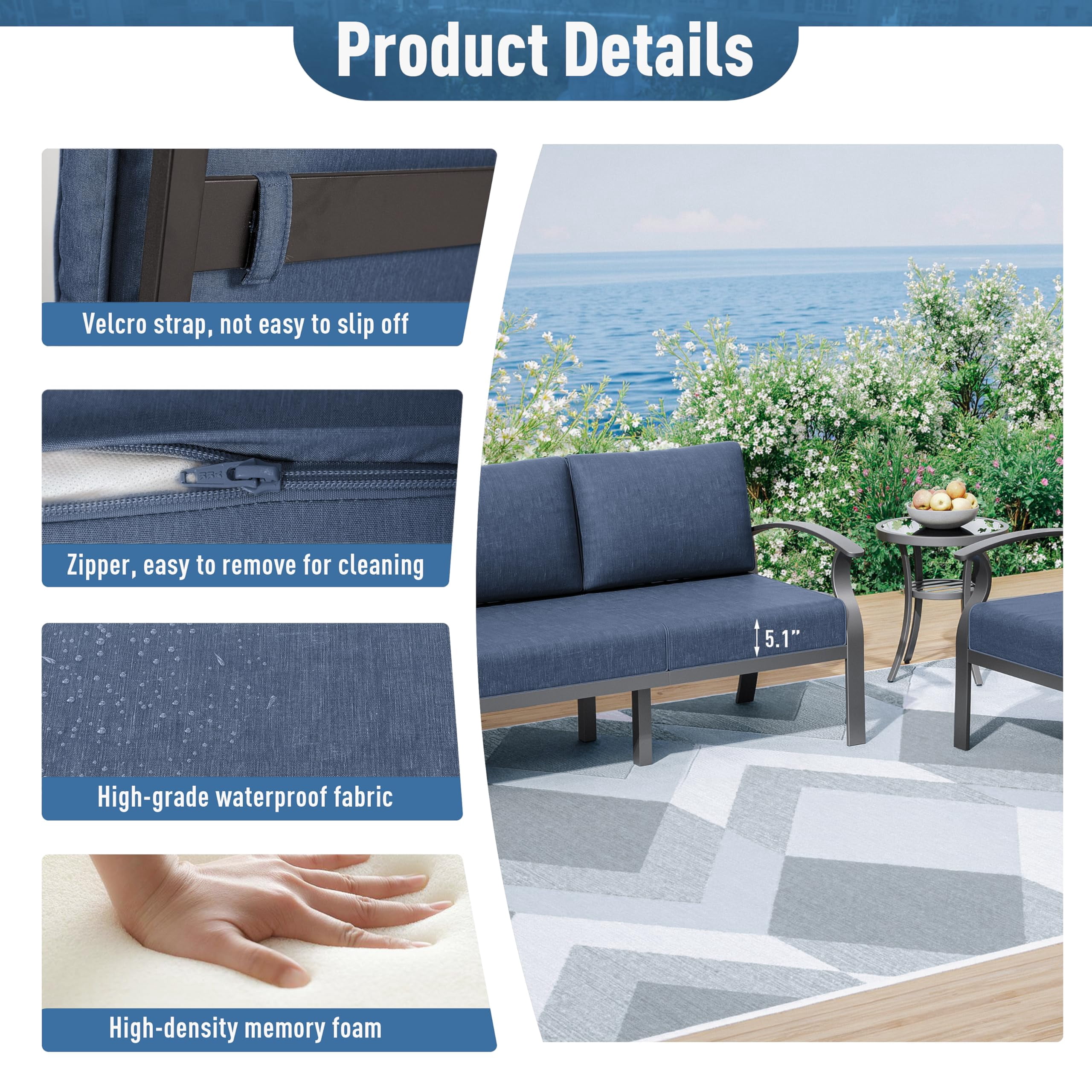 ALAULM Aluminum Patio Furniture Set 5-Seat Modern Outdoor Conversation Sets w/Swivel Rocking Chairs with Rectangular Coffee Table, Navy Blue