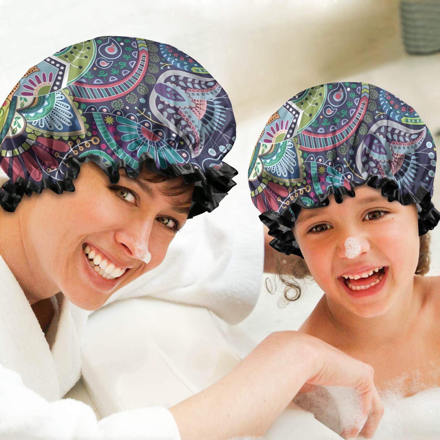 Shower Caps,Multicolor Ethnic Paisley and Floral Pattern Waterproof Shower Cap for Women 4 Pieces,Double Reusable Hair Cover for Shower PEVA Elastic Stretch Hem