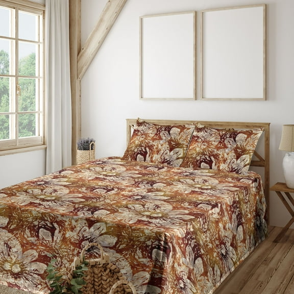 Ambesonne Floral Fitted & Flat Sheet with Shams 4 Pcs Set, Grunge Sketches Sunset Tones, King, Burgundy and Amber